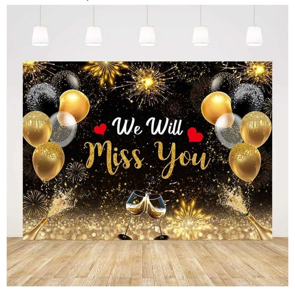 We Will Miss You Backdrop, 5 x 7,Black Gold Glitter Balloon